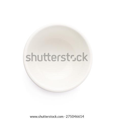 Small white ceramic bowl isolated over the white background, top view above foreshortening