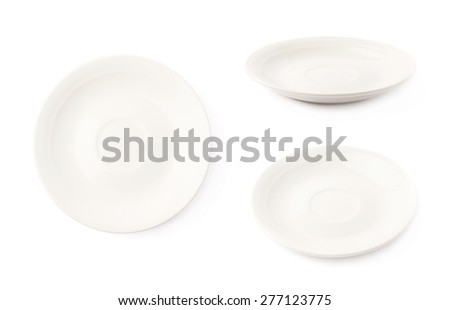 Small white glazed ceramic plate isolated over the white background, set of three different foreshortenings