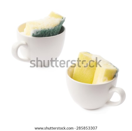 Washing white ceramic coffee cup with a yellow dish sponge, composition isolated over the white background, set of two different foreshortenings