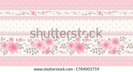 Vector vintage background, border. Seamless floral pattern with pink roses and laces for wallpaper, fabric, gift wrap, digital paper, fills, etc. Shabby chic style