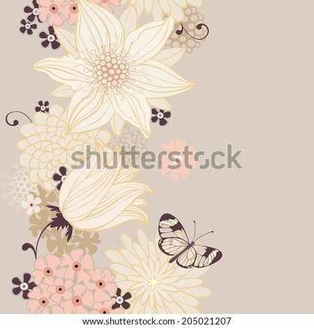 Floral seamless background with lily and butterfly. Vertical border. Raster version of vector illustration.