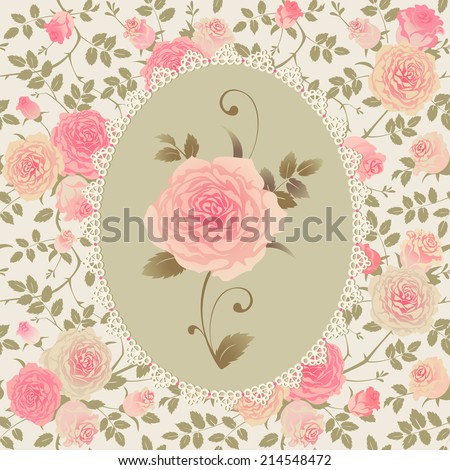 Seamless background with climbing roses. Floral pattern with branch of roses in oval frame. Raster version.