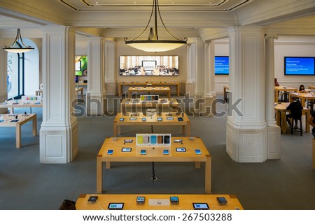 AMSTERDAM, NETHERLANDS - SEPTEMBER, 2014: The Apple Store in Amsterdam is the biggest Apple Store in the world when it comes to the number of products on display.