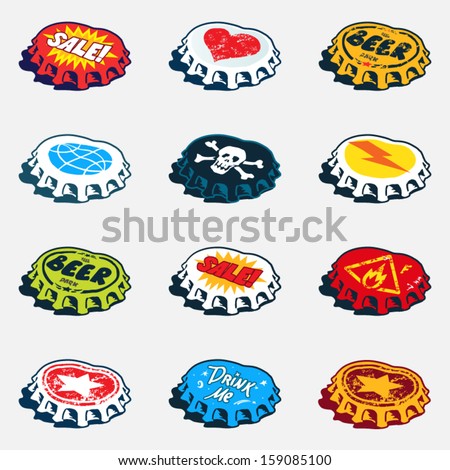 Collection of bended bottle caps with different labels. Vector graphics set.