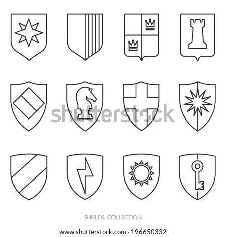 Simple shields badges design, outlines, logo template. Vector icons set.