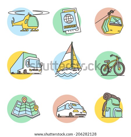 Transportation, shipping and travel documents collection. Vector icons set, stroke with colored fill. Logo templates.