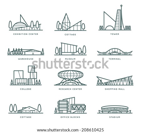 Contour stylized modern flat draft city buildings set. Museum, Cottage, College, Office Blocks, Towers, Stadium, Marketplace, University, Warehouse, Terminal. Vector graphic collection, logo templates