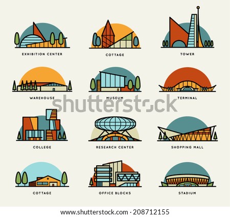 Stylized modern flat schematic city buildings set. Museum, Cottage, College, Office Blocks, Towers, Stadium, Marketplace, University, Warehouse, Terminal. Vector graphics collection, logo templates