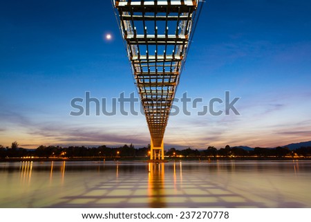 The old wooden bridge Bridge collapse Bridge across the river and Wood bridge (Mon bridge )at Tak Province, Asia thailand