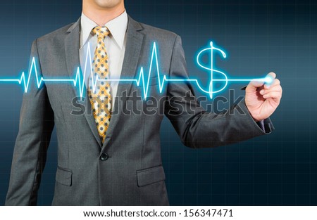 business man drawing glow ECG wave and dollar sign