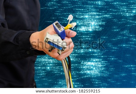 male holding several type of connector wire with glow network background