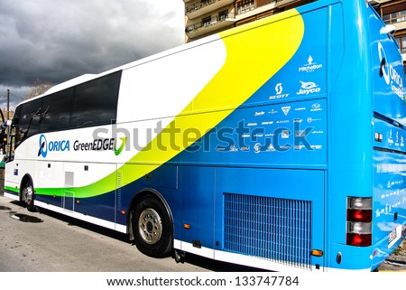 VITORIA-GASTEIZ, SPAIN - APRIL 2: The bus of the Orica greenedge cycling team that it used in the Tour of the Basque Country. April 2, 2013 in Vitoria Gasteiz, Basque Country, Spain