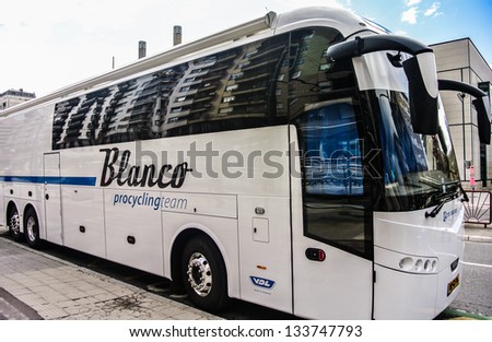 VITORIA-GASTEIZ, SPAIN - APRIL 2: The bus of the Blanco cycling team that it used in the Tour of the Basque Country. April 2, 2013 in Vitoria Gasteiz, Basque Country, Spain