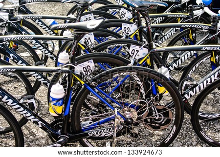 VITORIA-GASTEIZ, SPAIN - APRIL 3: The bikes of the Saxo Bank cycling team. The photograph was taken in the Tour of Basque Country. April 3, 2013 in Vitoria Gasteiz, Basque Country, Spain