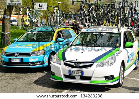 VITORIA-GASTEIZ, SPAIN - APRIL 3: Two cycling team cars in the Tour of the Basque Country.. April 3, 2013 in Vitoria Gasteiz, Basque Country, Spain