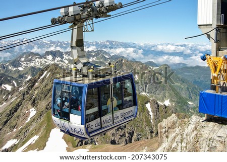 LA MONGIE, FRANCE - JULY 22: The cable car from La Mongie up to the Pic du Midi at an altitude of 2877 meters. July 22, 2014 in La Mongie, France