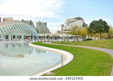 VALENCIA, SPAIN - DECEMBER 14: View of the Arts and Science park in Valencia. Valencia is the third largest city in Spain with 800,000 inhabitants. December 14, 2014 in Valencia, Spain