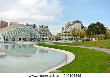 VALENCIA, SPAIN - DECEMBER 14: View of the Arts and Sciences park in Valencia. Valencia is the third largest city in Spain with 800,000 inhabitants. December 14, 2014 in Valencia, Spain