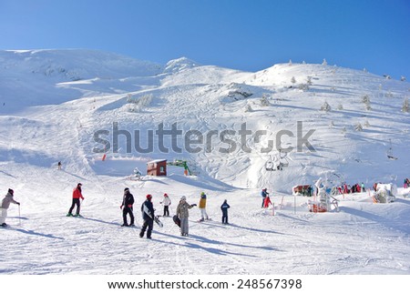 VALDEZCARAY, SPAIN - JANUARY 24: Valdezcaray is a ski area situated near the resort town of Ezcaray and It has 22 km of marked pistes, January 24, 2015 in Valdezcaray, La Rioja, Spain
