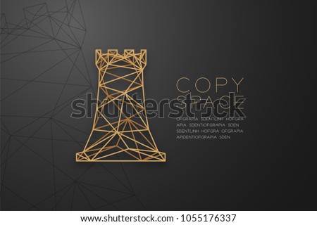 Chess Rook wireframe Polygon golden frame structure, Business strategy concept design illustration isolated on black gradient background with copy space, vector eps 10