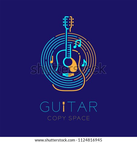 Acoustic guitar, music note with line staff circle shape logo icon outline stroke set dash line design illustration isolated on dark blue background with guitar text and copy space