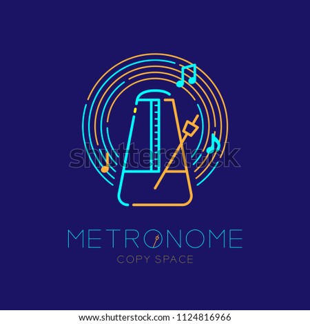 Metronome, music note with line staff circle shape logo icon outline stroke set dash line design illustration isolated on dark blue background with metronome text and copy space