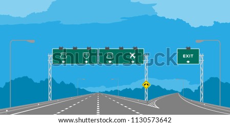 Y junction Highway or motorway and green signage in daytime illustration isolated on blue sky background