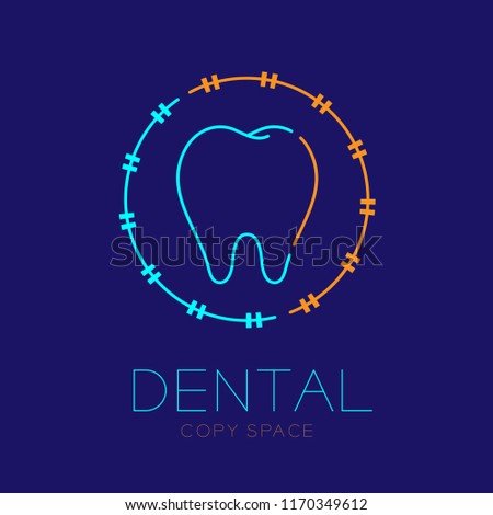 Dental clinic logo icon tooth with braces circle frame outline stroke set illustration dash line design isolated on dark blue background with dental text and copy space