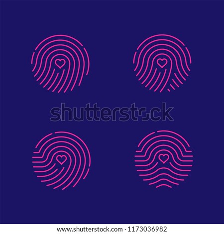 Fingerprint scan icon set with Love Heart symbol dash line design illustration blue and green isolated on dark blue background with Fingerprint text and copy space, vector eps10