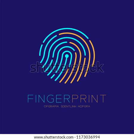 Fingerprint scan logo icon dash line design illustration blue and orange isolated on dark blue background with Fingerprint text and copy space, vector eps10