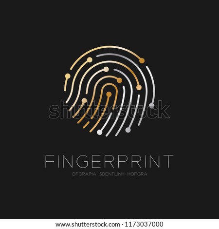 Fingerprint scan logo icon dash line design illustration gold and silver isolated on black background with Fingerprint text and copy space, vector eps10