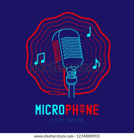 Microphone logo icon outline stroke with music note in wave frame from cable dash line design illustration isolated on dark blue background with Microphone text and copy space, vector eps 10