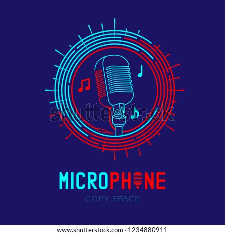 Retro Microphone logo icon outline stroke with music note in staff circle frame dash line design illustration isolated on dark blue background with Microphone text and copy space, vector eps 10