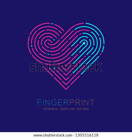 Heart pattern Fingerprint scan logo icon dash line, Love valentine concept, Editable stroke illustration pink and blue isolated on dark blue background with Fingerprint text and space, vector eps10