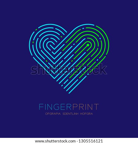 Heart pattern Fingerprint scan logo icon dash line, Love valentine concept, Editable stroke illustration green and blue isolated on dark blue background with Fingerprint text and space, vector eps10