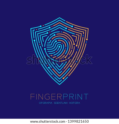 Shield shape pattern Fingerprint scan logo icon dash line, Security privacy concept, Editable stroke illustration blue and orange isolated on blue background with Fingerprint text and space, vector