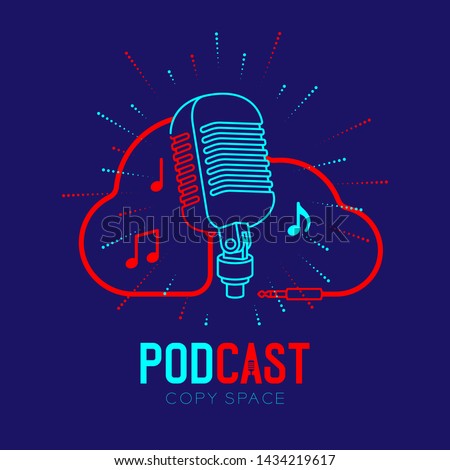 Retro Microphone logo icon outline stroke with Cloud shape frame cable dash line design, podcast internet radio program concept illustration isolated on dark blue background with PODCAST text, vector