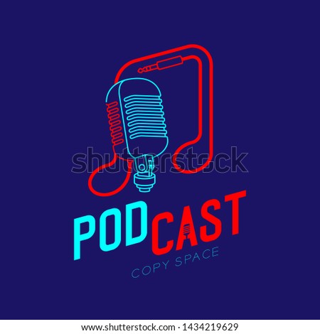 Retro Microphone logo icon outline stroke with music note cable dash line design, podcast internet radio program concept illustration isolated on dark blue background with PODCAST text, vector