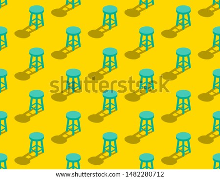Wooden Stool 3D isometric seamless pattern, Furniture lifestyle concept poster and banner square design illustration isolated on yellow background with copy space, vector eps 10