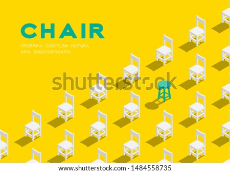 Wooden chair and stool 3D isometric pattern, Furniture lifestyle concept poster and banner horizontal design illustration isolated on yellow background with copy space, vector eps 10