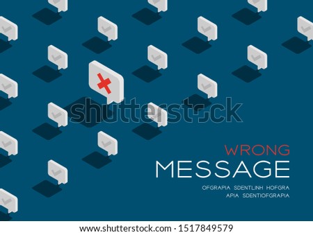 Cross sign in speech bubble message 3D isometric pattern, Wrong text send concept poster and social banner post horizontal design illustration isolated on blue background with copy space, vector