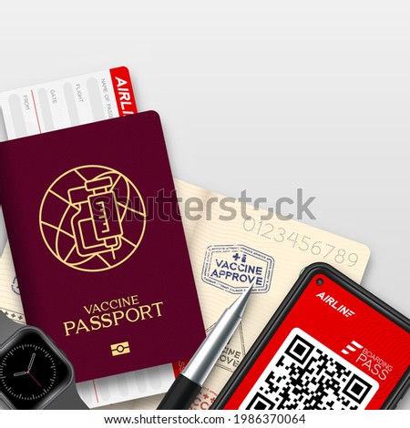 Vaccine passport covid-19 with logo bottle, syringe, global network, Smartphone with E Boarding pass, Economy class, Vaccination Campaign travel bubble concept design top view illustration isolated