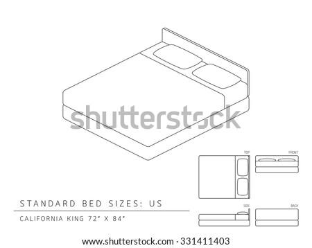 Standard bed sizes of us (United States of America) California King size 72 x 84 inches perspective 3d isometric with dimension top front side and back view illustration outline set black and white