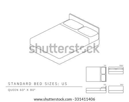 Standard bed sizes of us (United States of America) Queen size 60 x 80 inches perspective 3d isometric with dimension top front side and back view illustration outline set black and white color