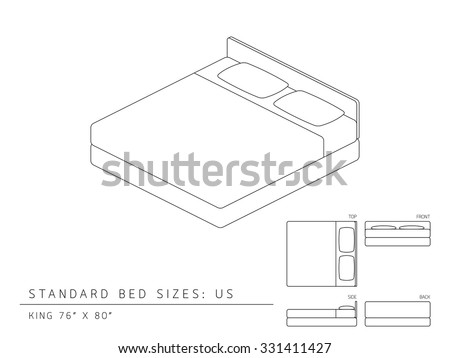 Standard bed sizes of us (United States of America) King size 76 x 80 inches perspective 3d isometric with dimension top front side and back view illustration outline set black and white color