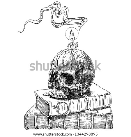 Magic books, skull and candle. Hand drawn engraving medieval style ink and nib pen vector illustration. Fantasy, occultism, alchemy, witchcraft, ritual, heavy metal music, gothic, horror concept.