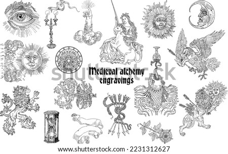 Set of gothic alchemical occult astrological motifs. Medieval engraving style. Sun, moon, heraldic lion, eagle, unicorn, snake, fantasy beasts, ornamental elements, candle, hourglass, masonic symbols.