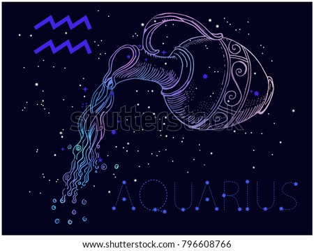 Aquarius Zodiac sign and constellation on a cosmic dark blue background with stars. Hand drawn vintage engraving style vector illustration. Space, astrology, horoscope, astronomy, fantasy design.