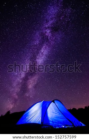 Tent against the Milky Way and starry sky. The popularity of natural outdoor recreation and travel concept