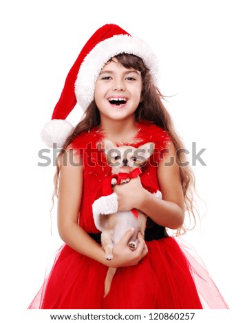 Happy girl in Christmas fancy dress holding the chihuahua puppy dressed as Santa on  white background